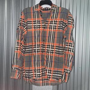 Zara woman Orange Black Blue Plaid Button Down Shirt Work Career Retro